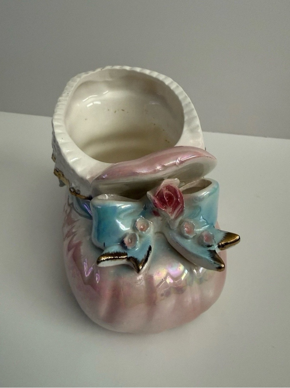Vintage Napco Iridescent Porcelain Pink Baby Girl Bootie Planter Mid Century